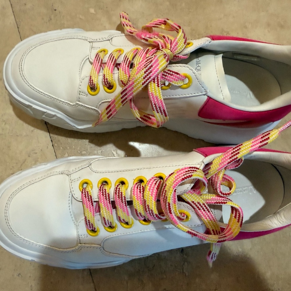 Alexander McQueen White Sneakers with Pink and Yellow Accents